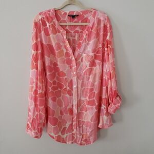 Zac & Rachel Woman Button Up Watercolor Top SIZE 2X Roll Tab Sleeves Lightweight